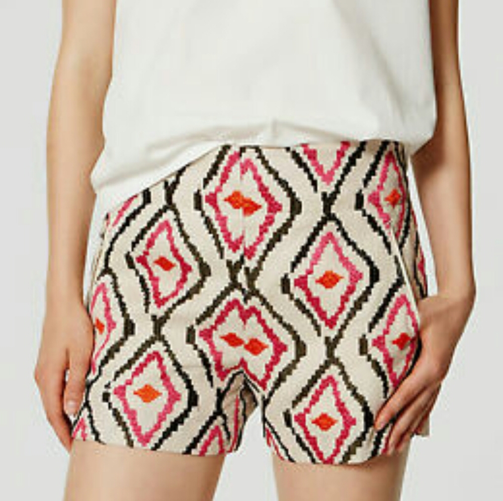 LOFT rivera high waisted‎ embroidered linen shorts ikat size 2 pink green